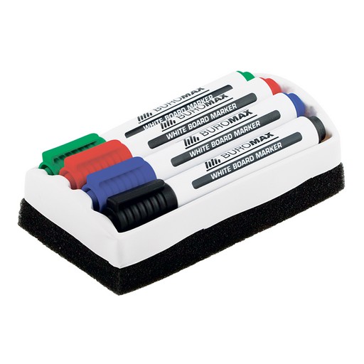 Комплект BUROMAX 4 маркера для магнітних досок (чорн., син., зел., черв.) сухостираємий + губка для досок 2-4 мм