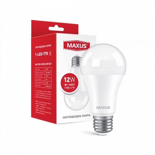 Лампа світлодіод., Maxus, A60, 12W, 4100K, 220V, E27