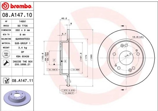 Фото 1. Диск гальмівний HONDA CIVIC VII 1.3-2.2 06- задн. (вир-во BREMBO)