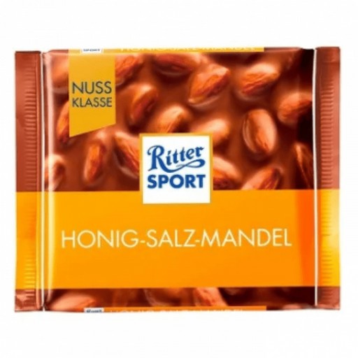 Шоколад молочний RITTER SPORT З начинкою мед та солоний мигдаль 100гр.