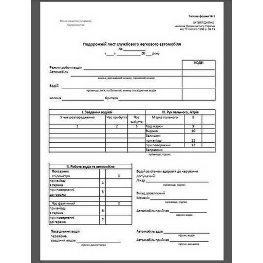 Подорожній лист легкового автомобіля (100шт.)